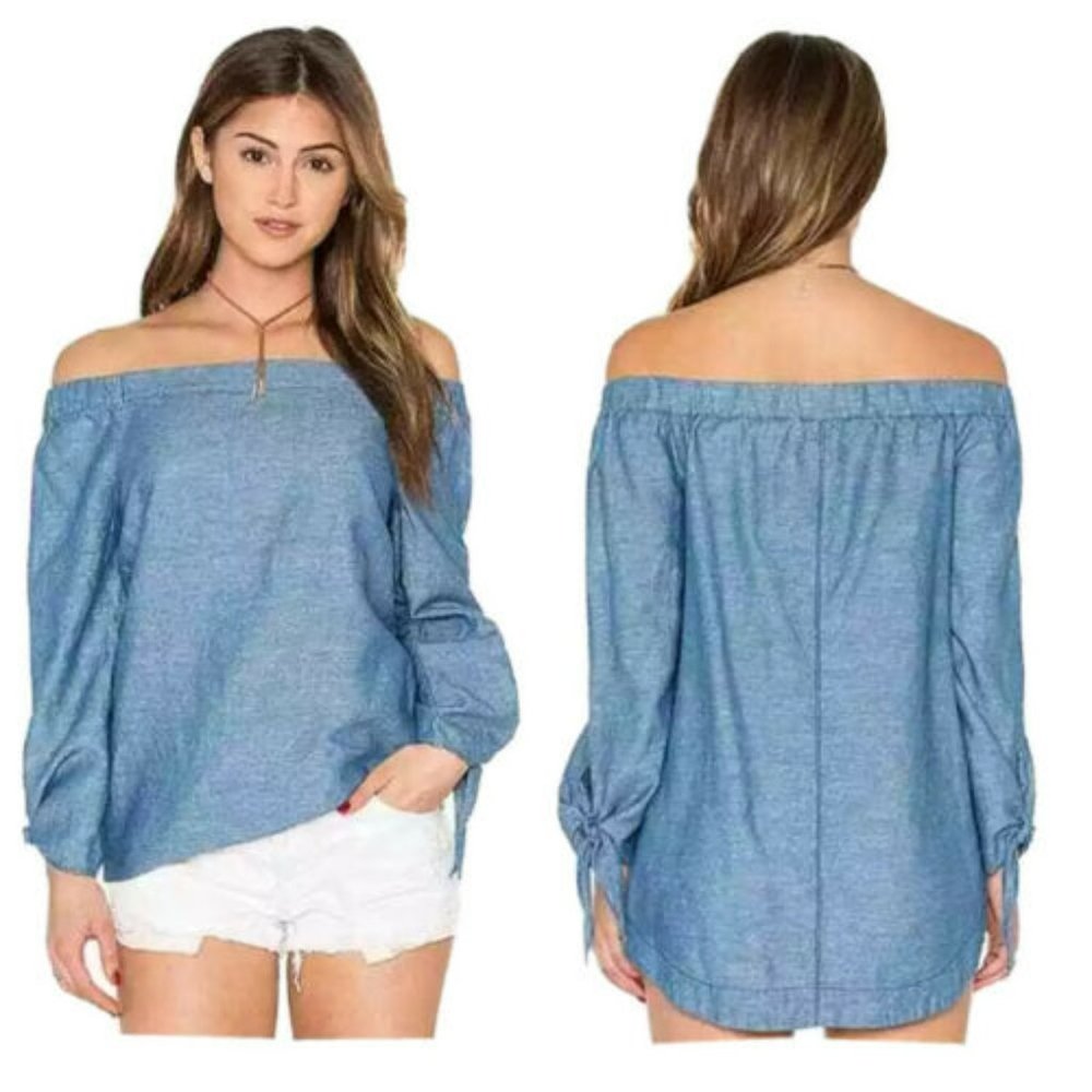 Free People Top L Show Some Shoulder Blue Chambray Bow Sleeves